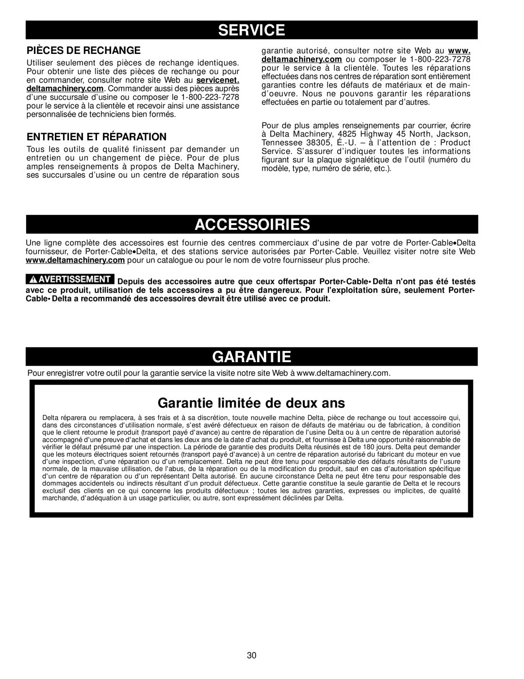 Delta 50-765, 50-764 instruction manual Accessoiries, Garantie, Pièces DE Rechange, Entretien ET Réparation 