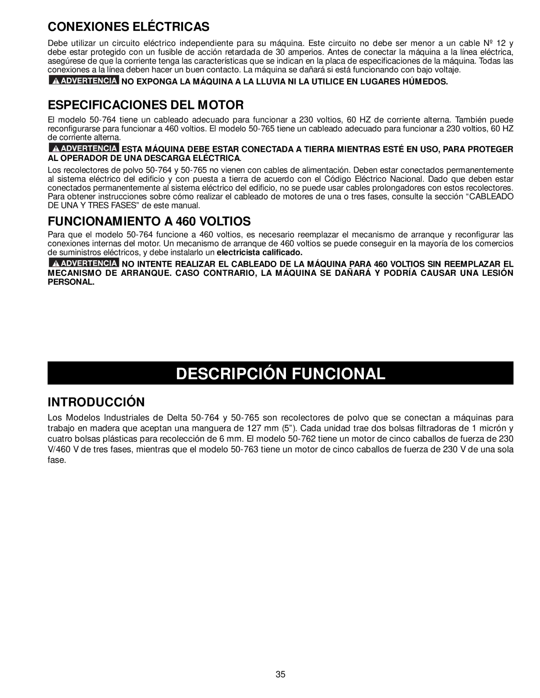 Delta 50-764 Descripción Funcional, Conexiones Eléctricas, Especificaciones DEL Motor, Funcionamiento a 460 Voltios 