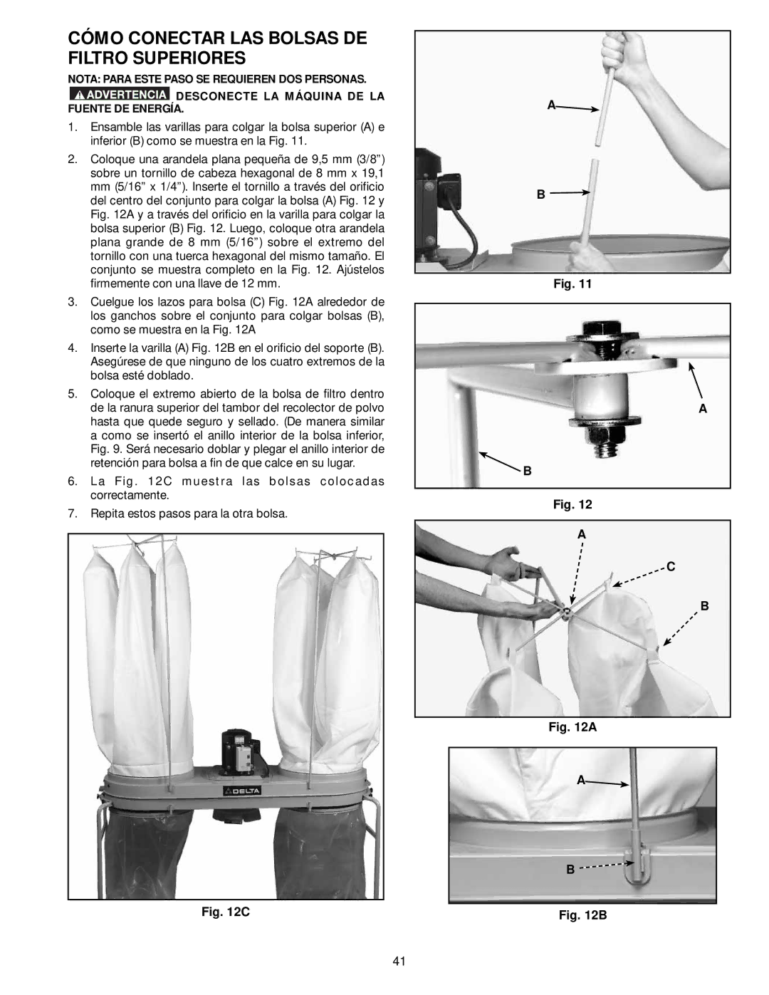 Delta 50-764, 50-765 instruction manual Cómo Conectar LAS Bolsas DE Filtro Superiores 