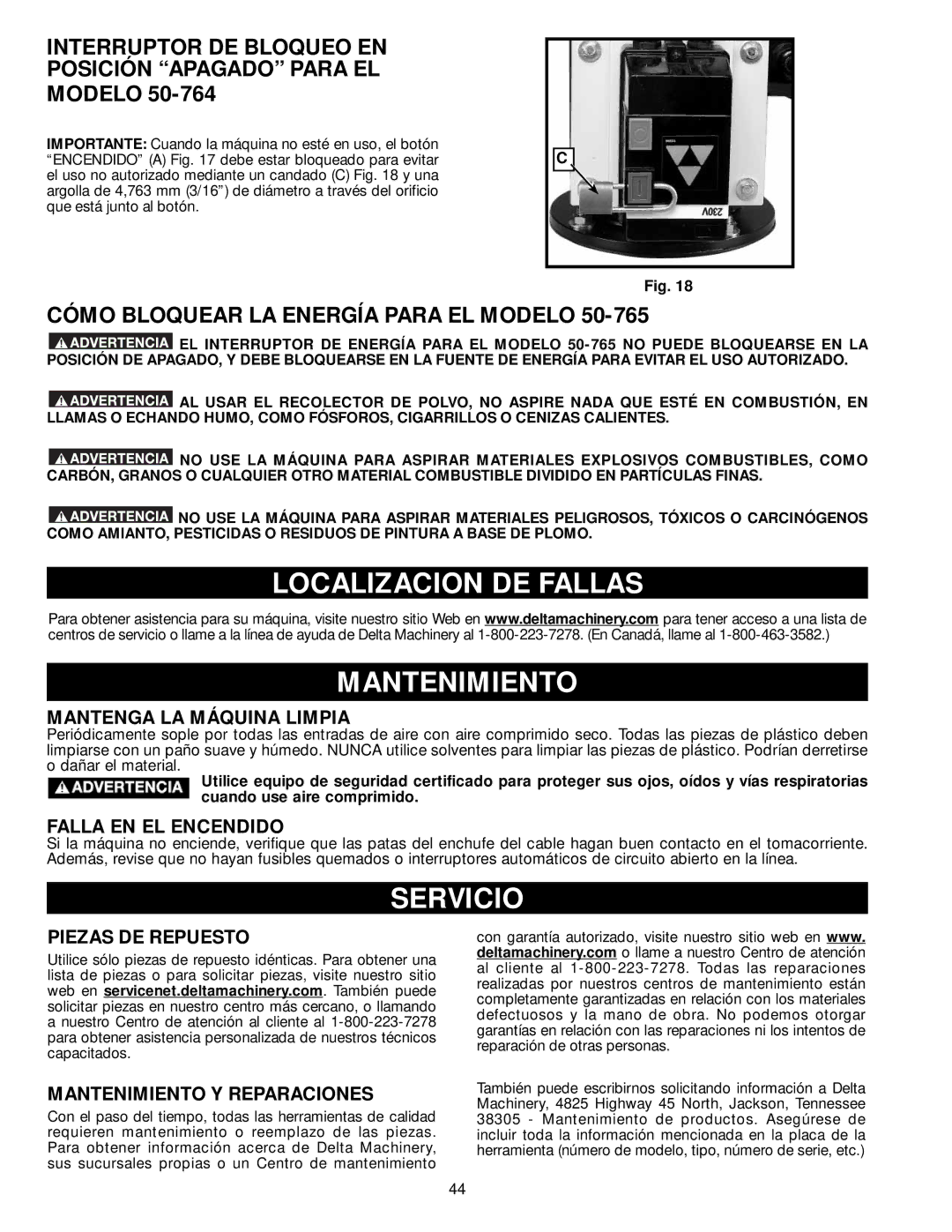 Delta 50-765 Localizacion DE Fallas Mantenimiento, Servicio, Interruptor DE Bloqueo EN Posición Apagado Para EL Modelo 