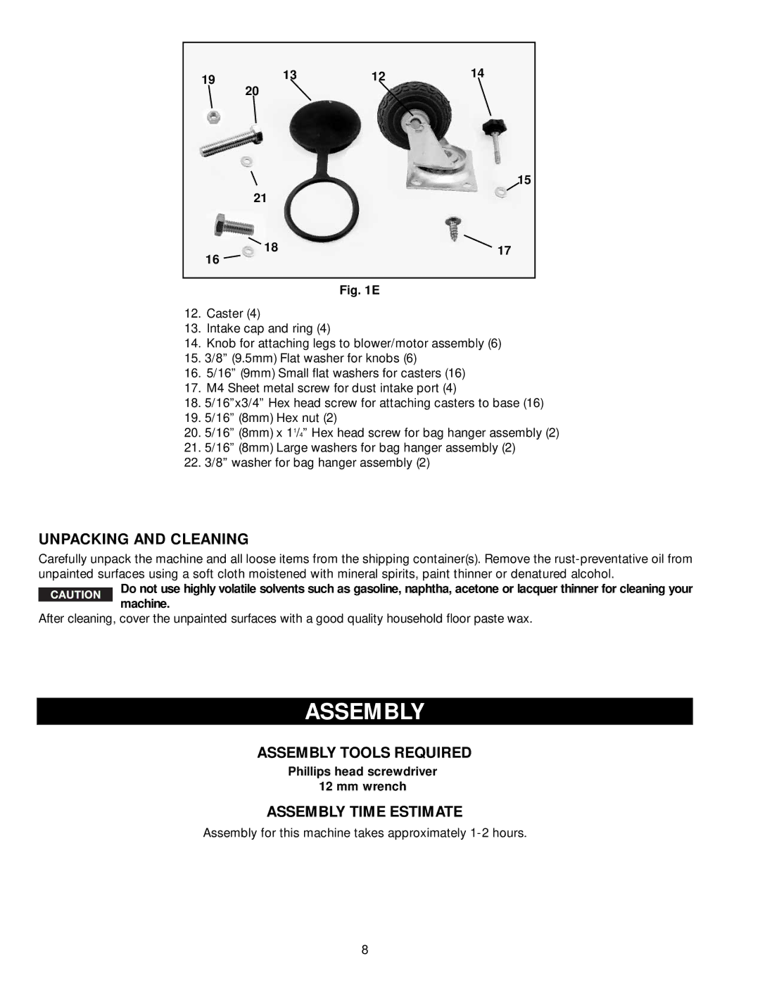 Delta 50-765, 50-764 instruction manual Unpacking and Cleaning, Assembly Tools Required, Assembly Time Estimate 