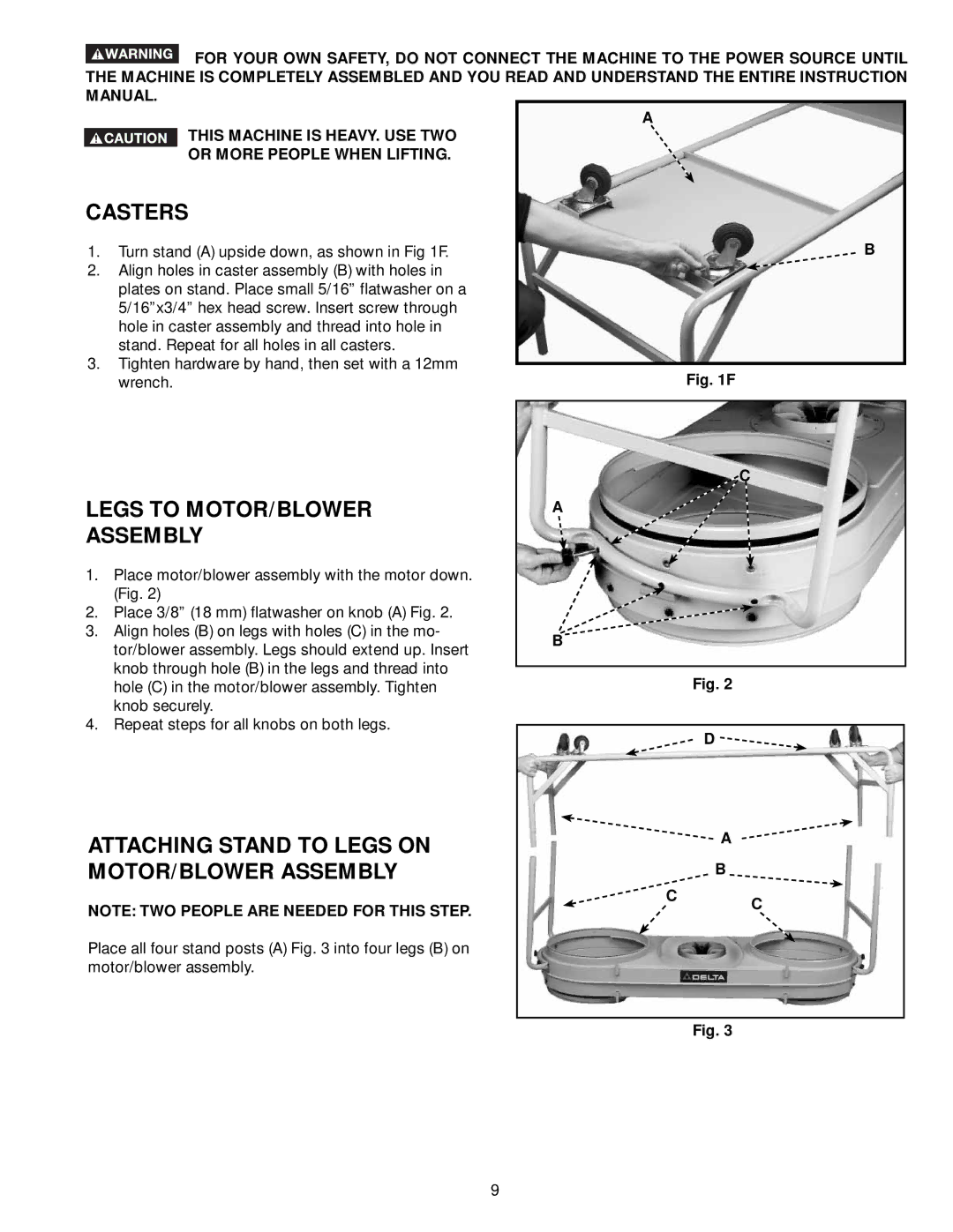 Delta 50-764, 50-765 Casters, Legs to MOTOR/BLOWER Assembly, Attaching Stand to Legs on MOTOR/BLOWER Assembly 