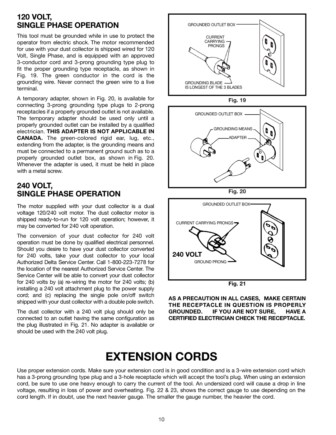 Delta 50-770 instruction manual Extension Cords, Single Phase Operation 