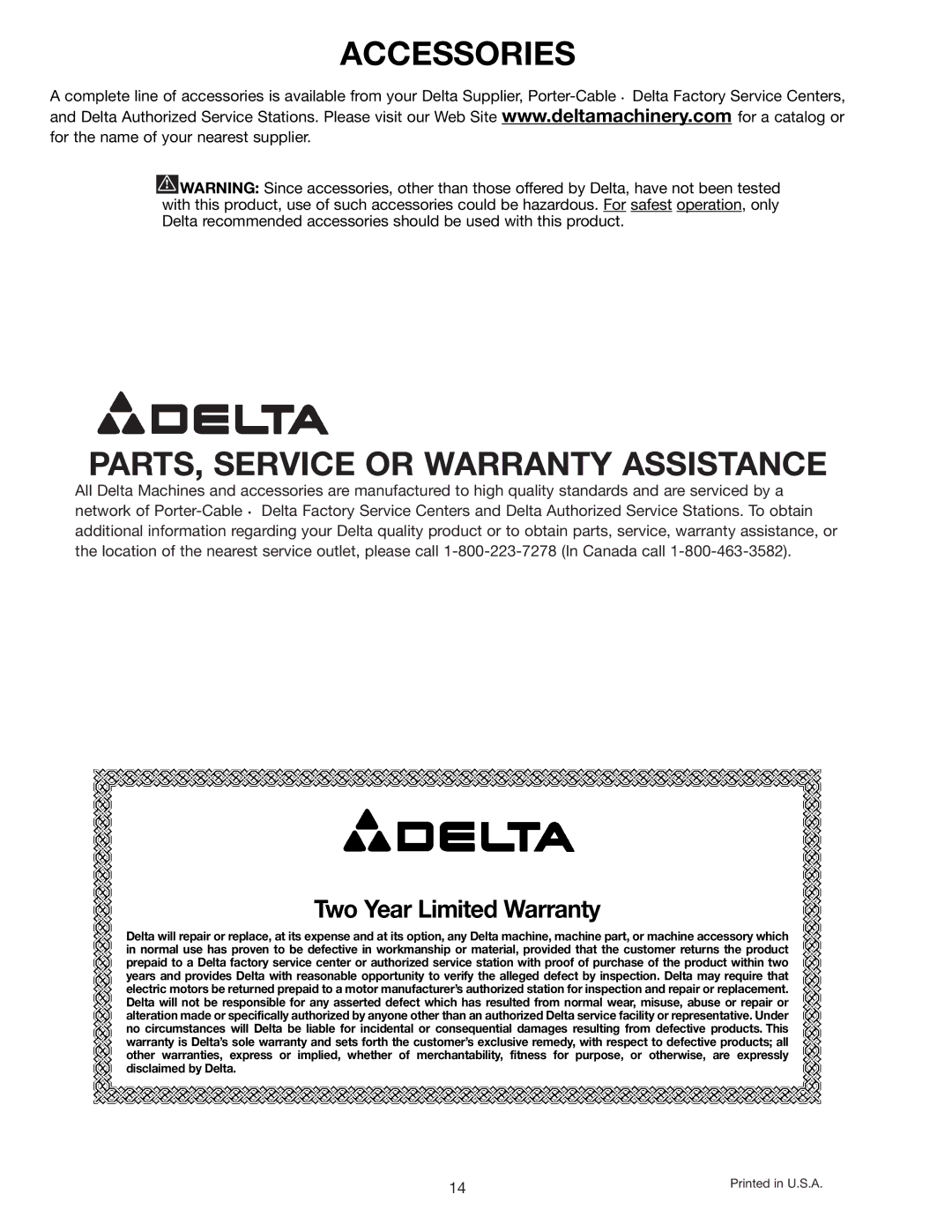 Delta 50-770 instruction manual Accessories, PARTS, Service or Warranty Assistance 