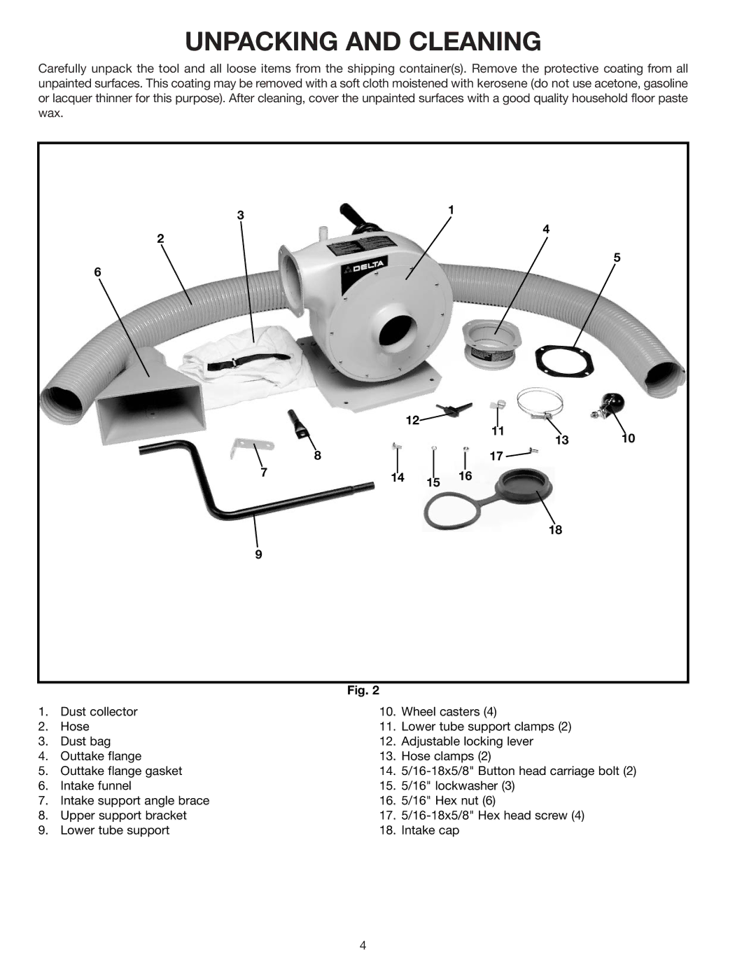 Delta 50-770 instruction manual Unpacking and Cleaning 