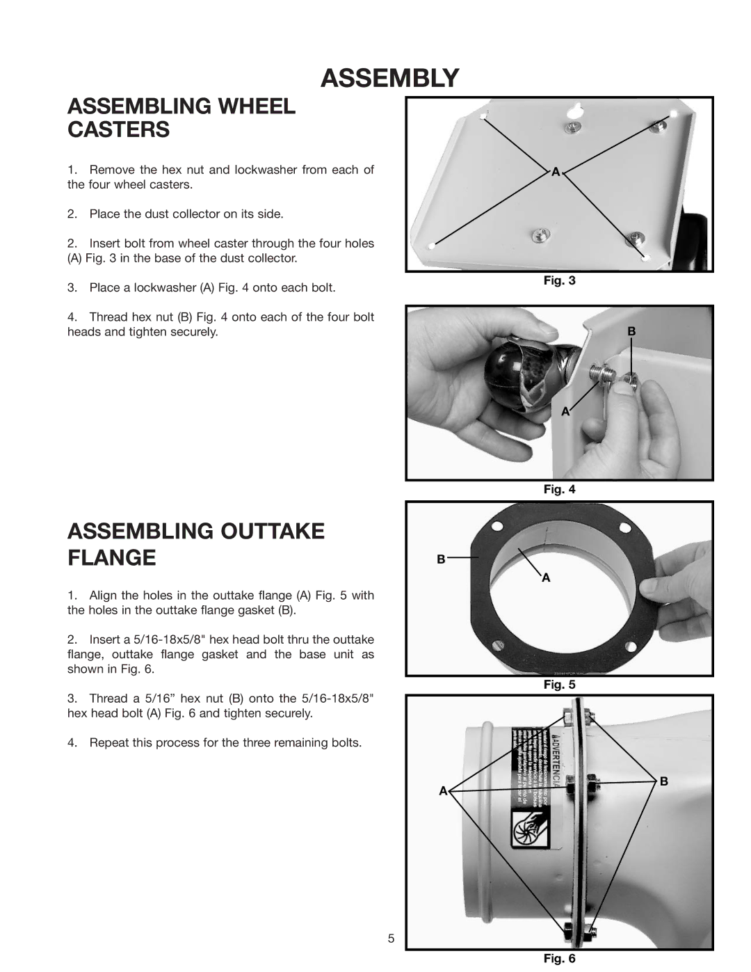 Delta 50-770 instruction manual Assembly, Assembling Wheel Casters, Assembling Outtake Flange 