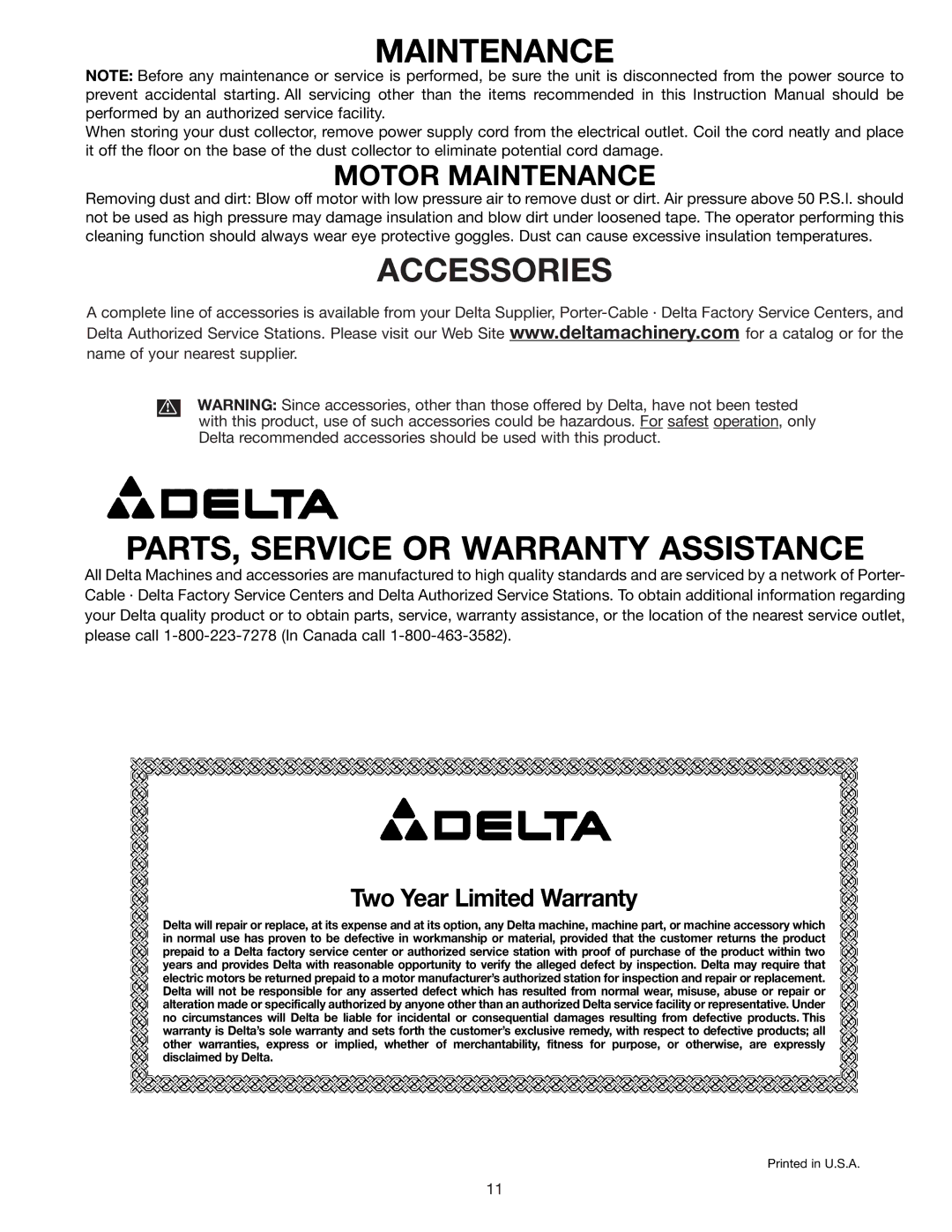 Delta 50-775 instruction manual Accessories, Motor Maintenance 