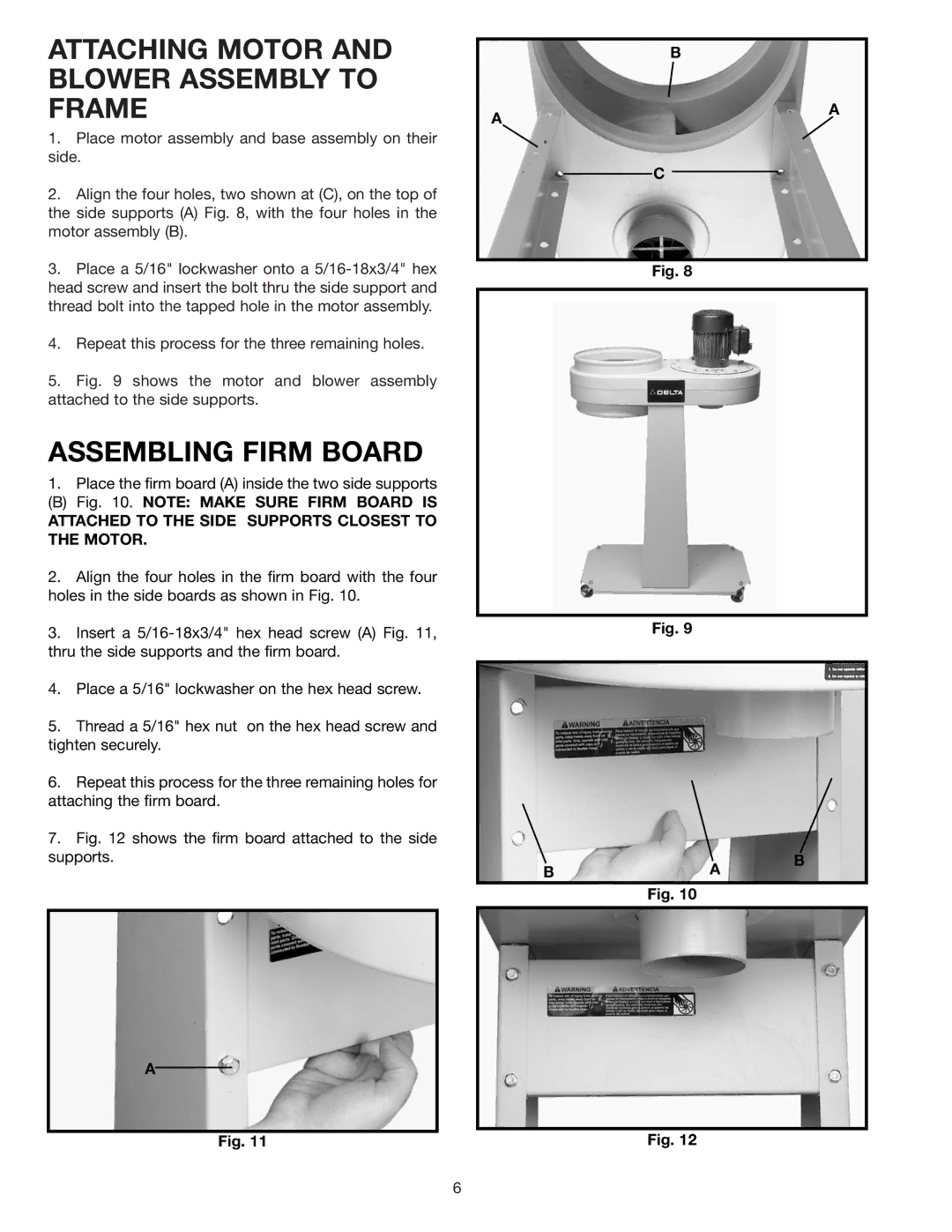 Delta 50-775 instruction manual Attaching Motor and Blower Assembly to Frame, Assembling Firm Board 