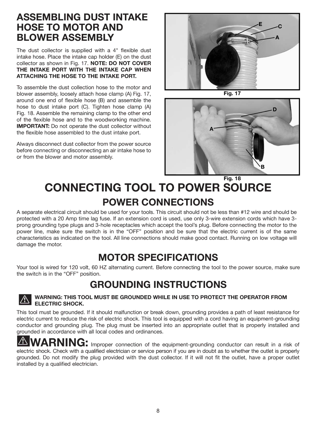 Delta 50-775 Connecting Tool to Power Source, Assembling Dust Intake Hose to Motor and Blower Assembly, Power Connections 