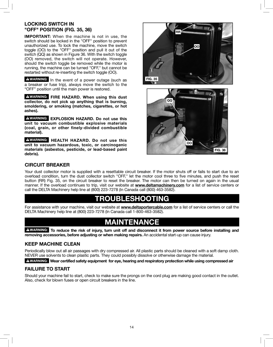 Delta 50-786 Troubleshooting Maintenance, LOCKING SWITCH in OFF POSITION, Circuit Breaker, Keep Machine Clean 