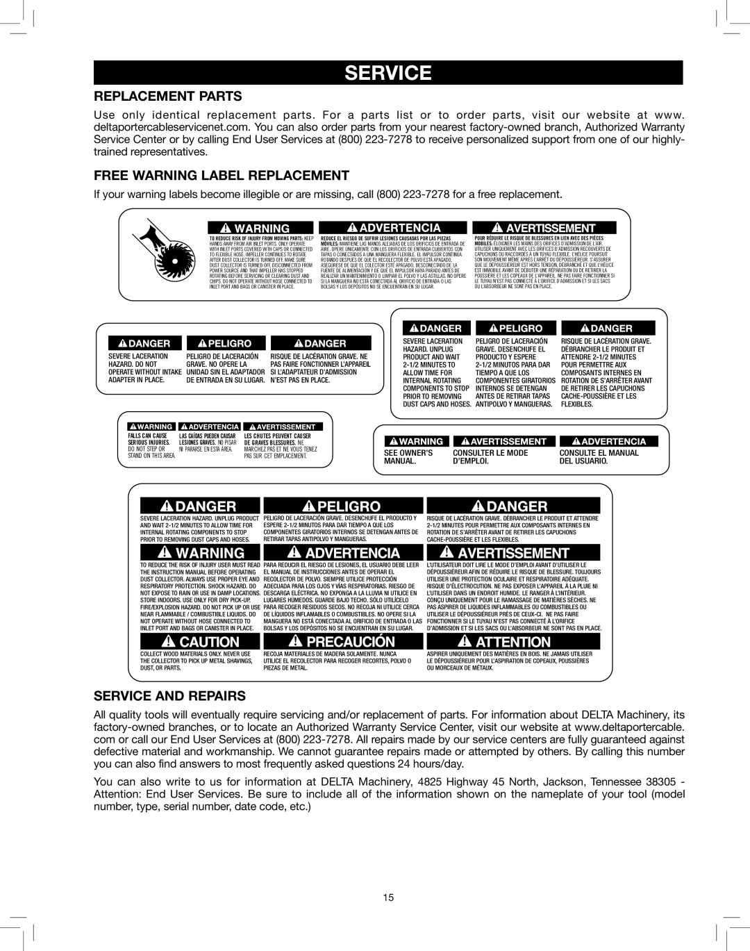 Delta 50-786 instruction manual Replacement Parts, Free warning label replacement, Service and Repairs 