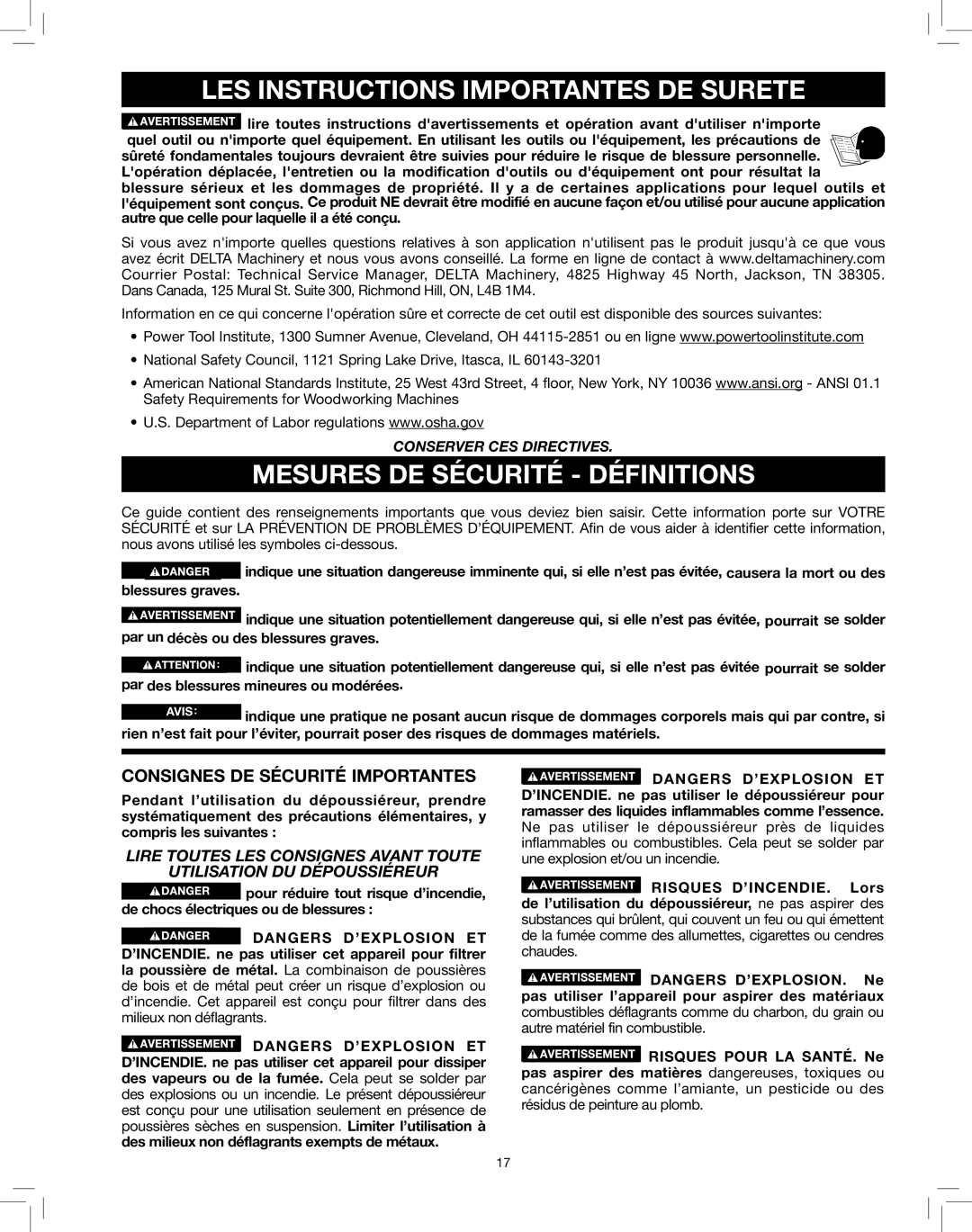 Delta 50-786 LES Instructions Importantes DE Surete, Mesures DE Sécurité Définitions, Consignes DE Sécurité Importantes 