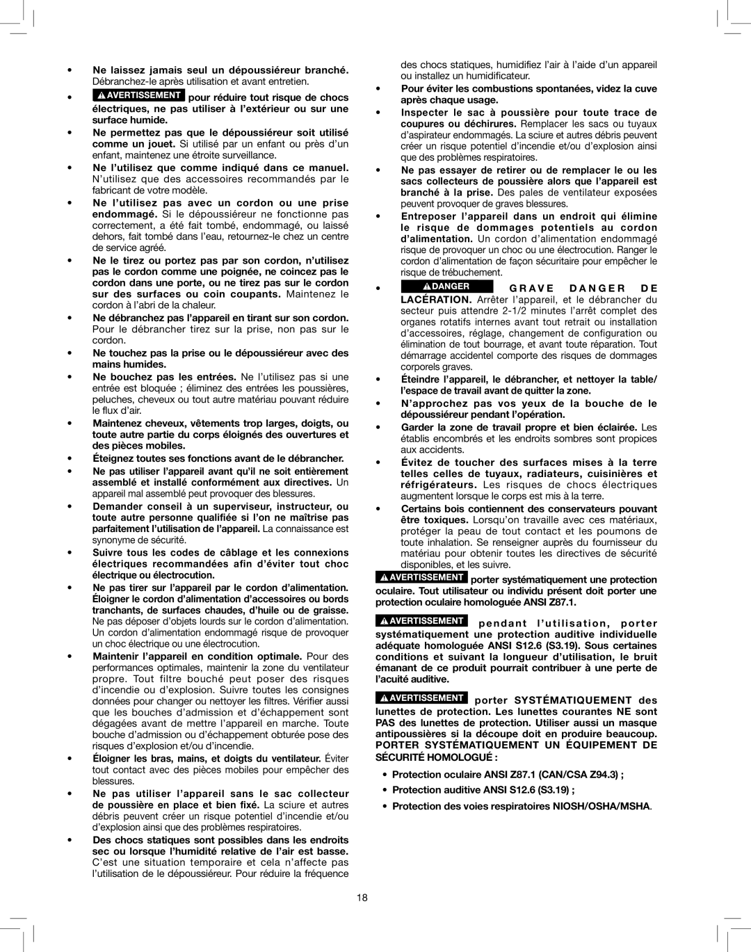 Delta 50-786 instruction manual Porter Systématiquement UN Équipement DE Sécurité Homologué 