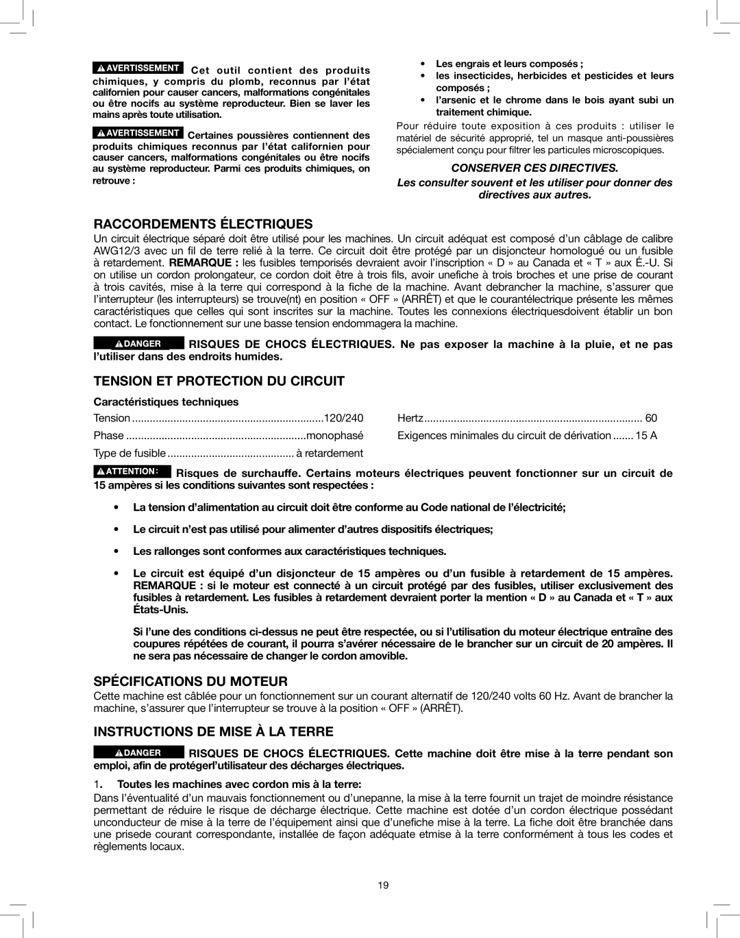 Delta 50-786 instruction manual Raccordements Électriques, Tension ET Protection DU Circuit, Spécifications DU Moteur 