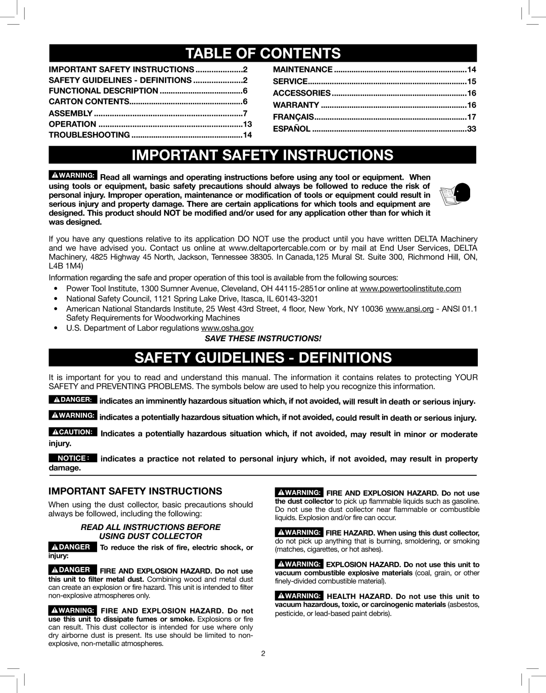 Delta 50-786 instruction manual Table of Contents, Important Safety Instructions, Safety Guidelines Definitions 