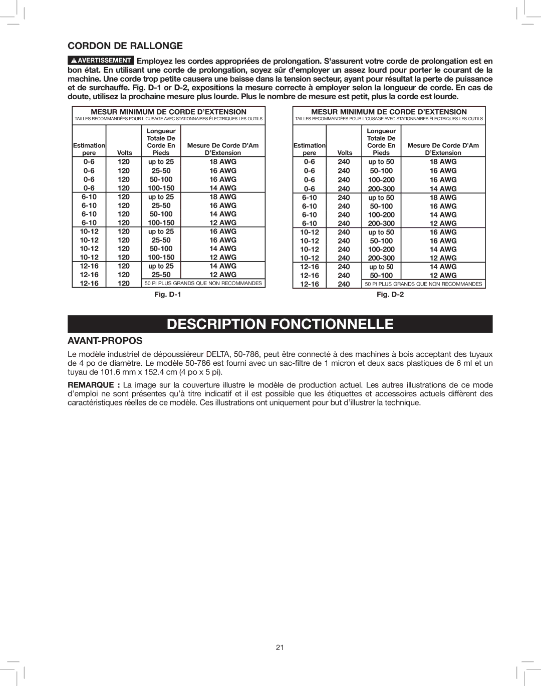 Delta 50-786 instruction manual Description Fonctionnelle, Cordon DE Rallonge, Avant-Propos 