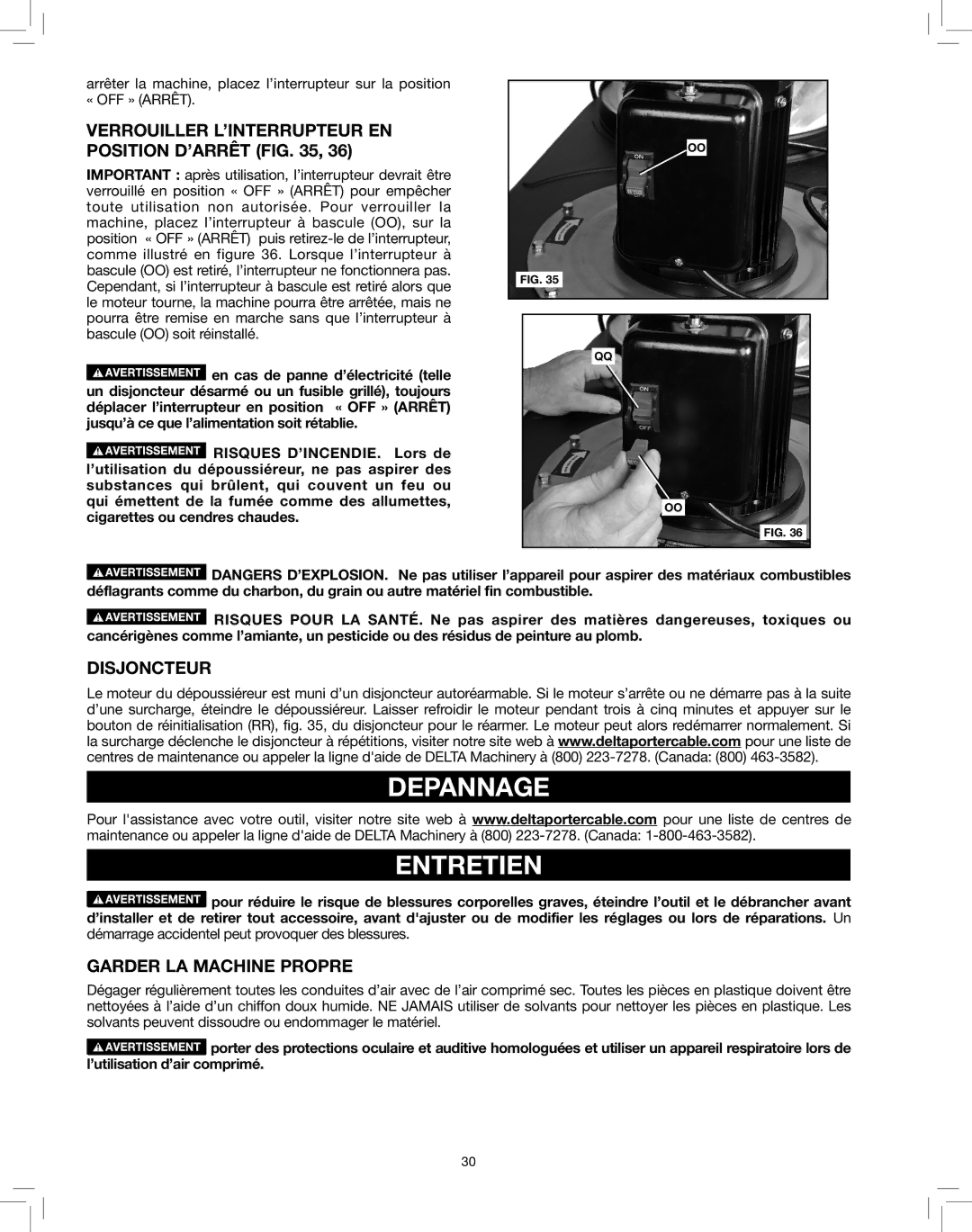 Delta 50-786 Depannage Entretien, Verrouiller L’INTERRUPTEUR EN Position D’ARRÊT, Disjoncteur, Garder LA Machine Propre 