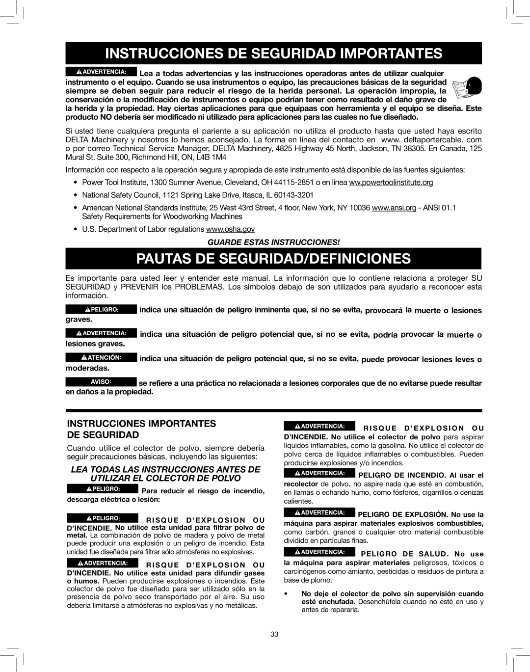 Delta 50-786 instruction manual Instrucciones DE Seguridad Importantes, Pautas DE SEGURIDAD/DEFINICIONES 