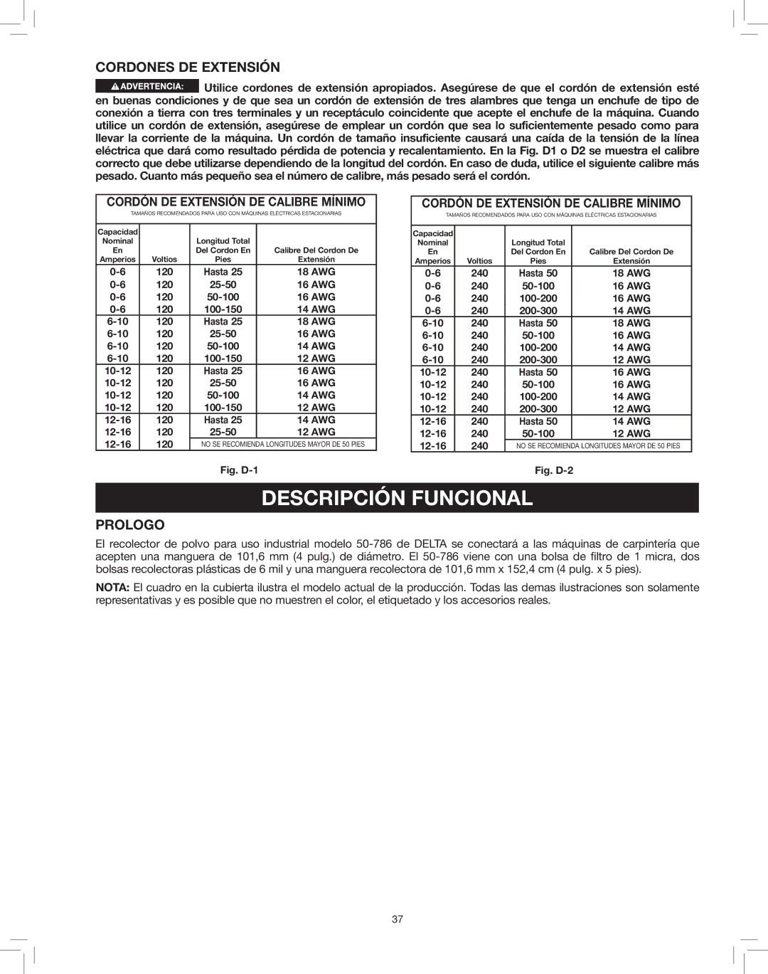 Delta 50-786 instruction manual Descripción Funcional, Cordones DE Extensión, Prologo 