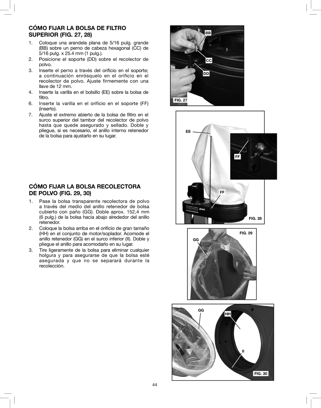 Delta 50-786 instruction manual Cómo Fijar LA Bolsa DE Filtro Superior, Cómo Fijar LA Bolsa Recolectora DE Polvo 