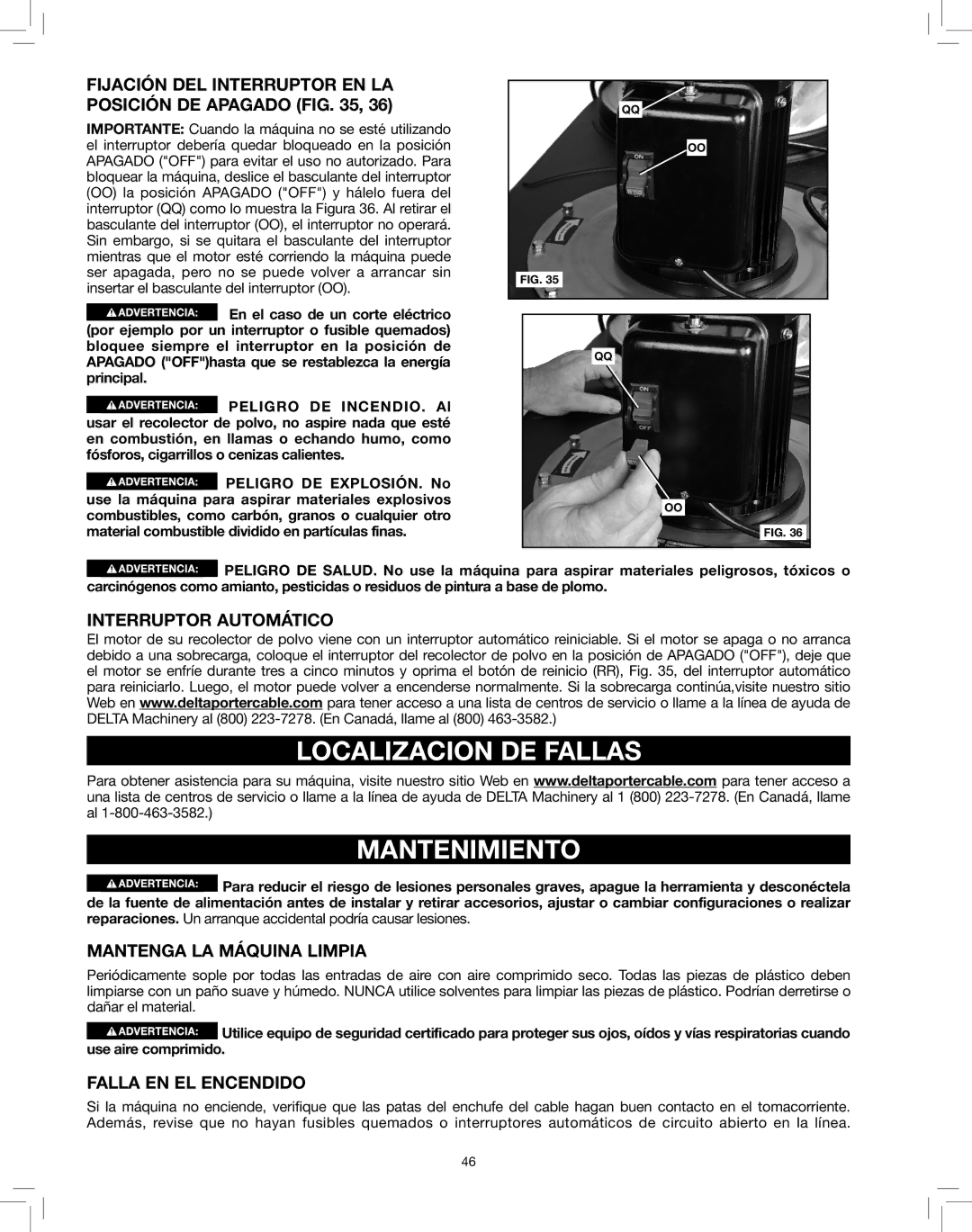 Delta 50-786 instruction manual Localizacion DE Fallas Mantenimiento, Fijación DEL Interruptor EN LA Posición DE Apagado 