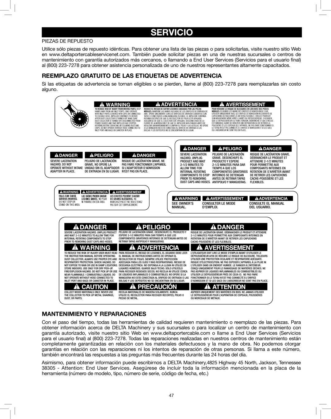 Delta 50-786 instruction manual Servicio, Reemplazo Gratuito DE LAS Etiquetas DE Advertencia, Mantenimiento Y Reparaciones 