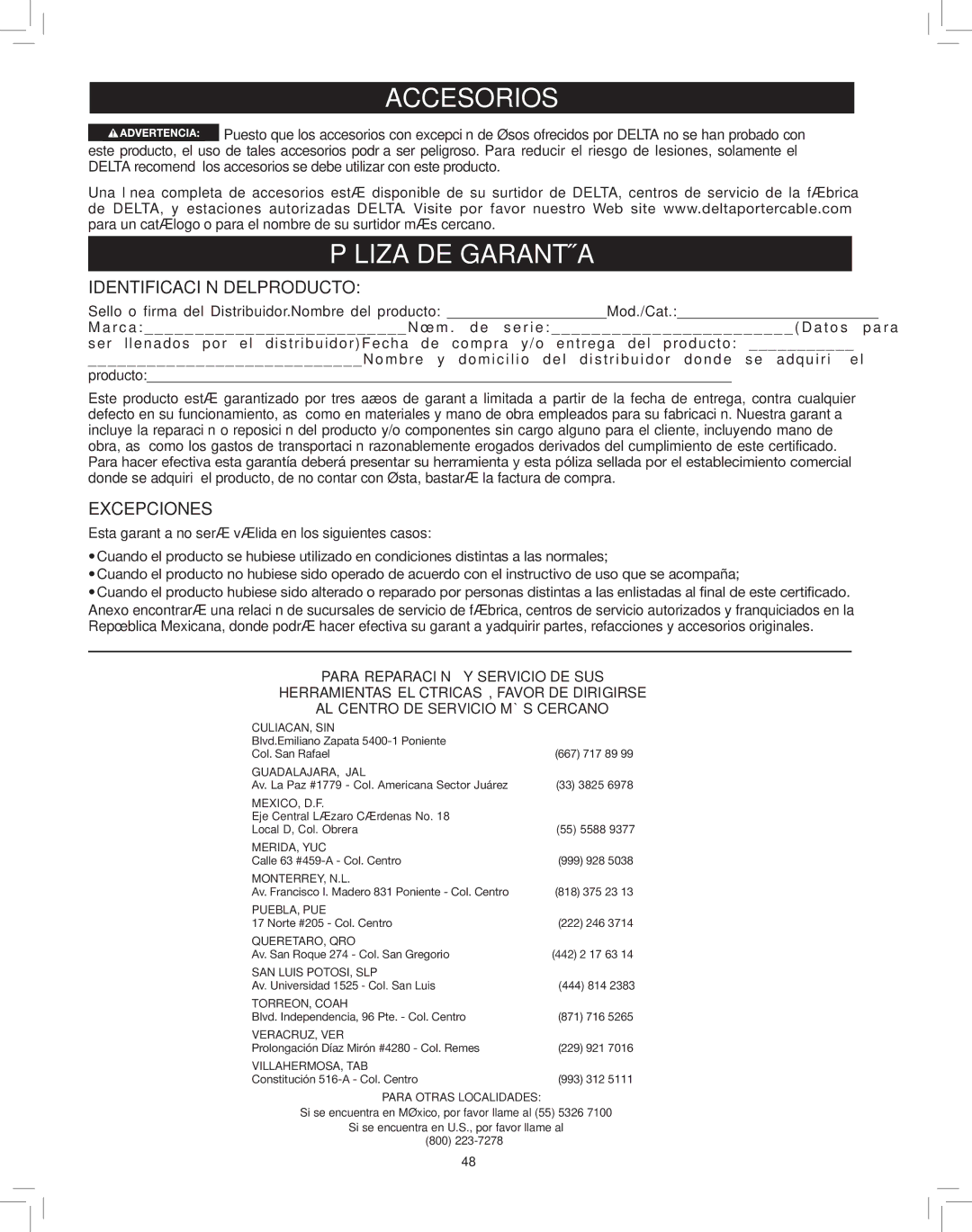 Delta 50-786 instruction manual Accesorios, Identificación Delproducto, Excepciones 