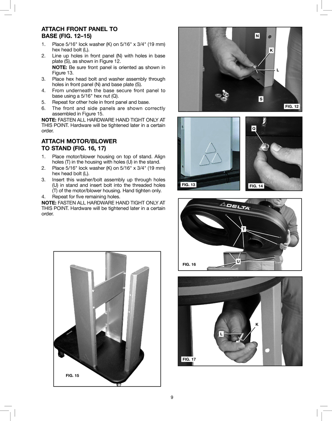 Delta 50-786 instruction manual Attach Front Panel to, Base fig, Attach MOTOR/BLOWER to Stand 