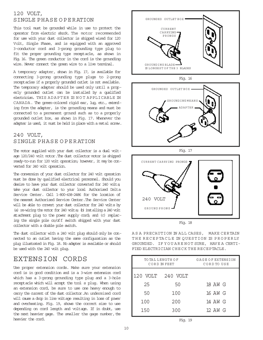 Delta 50-840 instruction manual Extension Cords, Single Phase Operation 