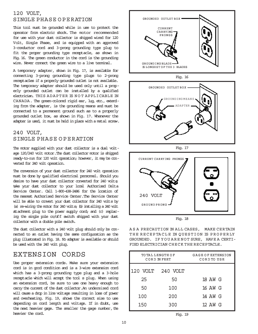 Delta 50-840 instruction manual Extension Cords, Volt Single Phase Operation 
