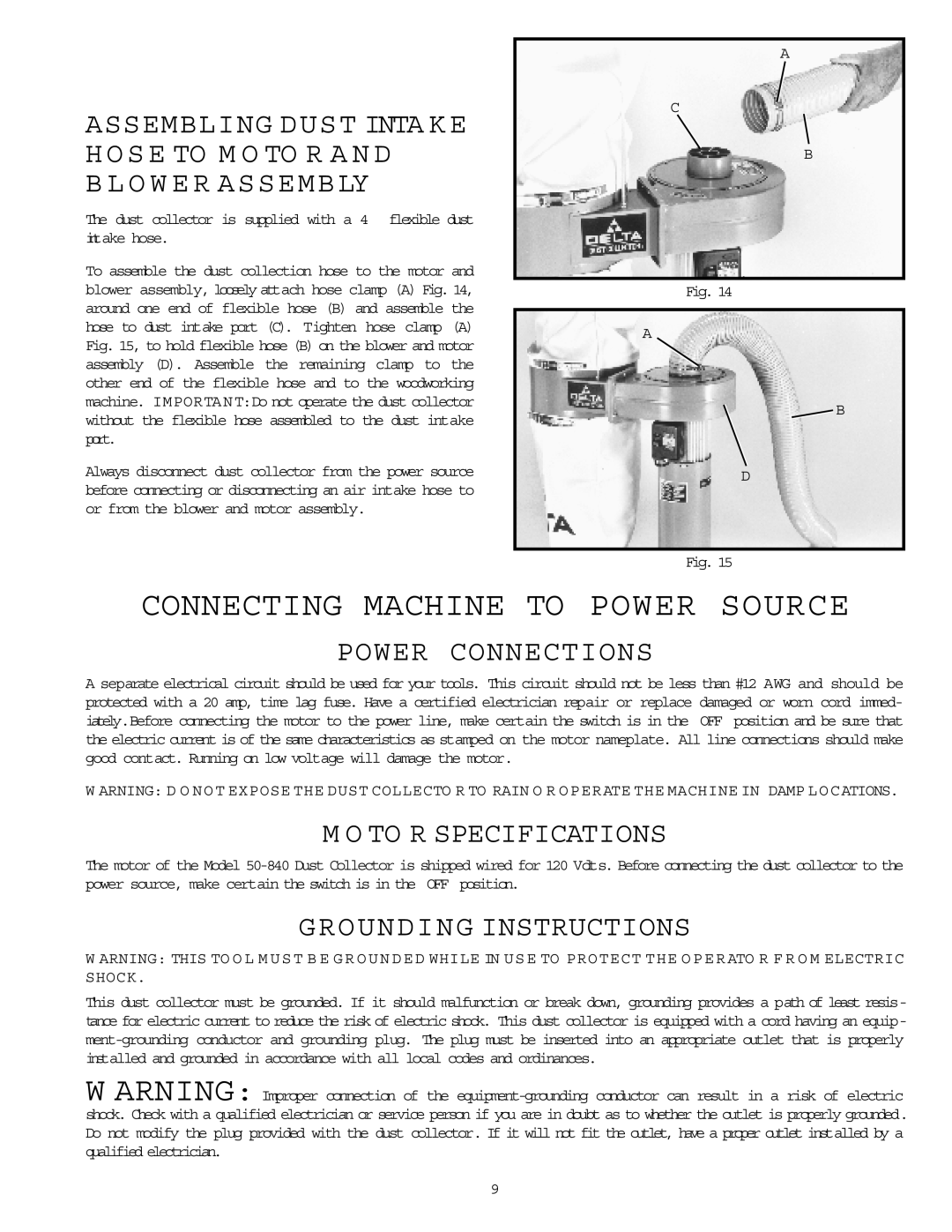 Delta 50-840 Connecting Machine To Power Source, B L O W E R Assembly, Power Connections, M O To R Specifications 
