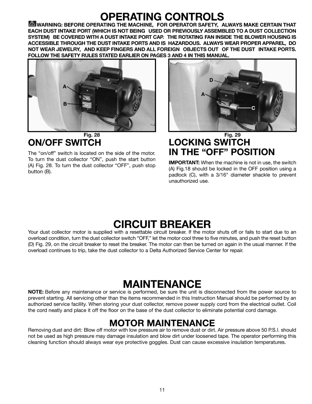 Delta 50-850 instruction manual Operating Controls, Circuit Breaker, Maintenance 