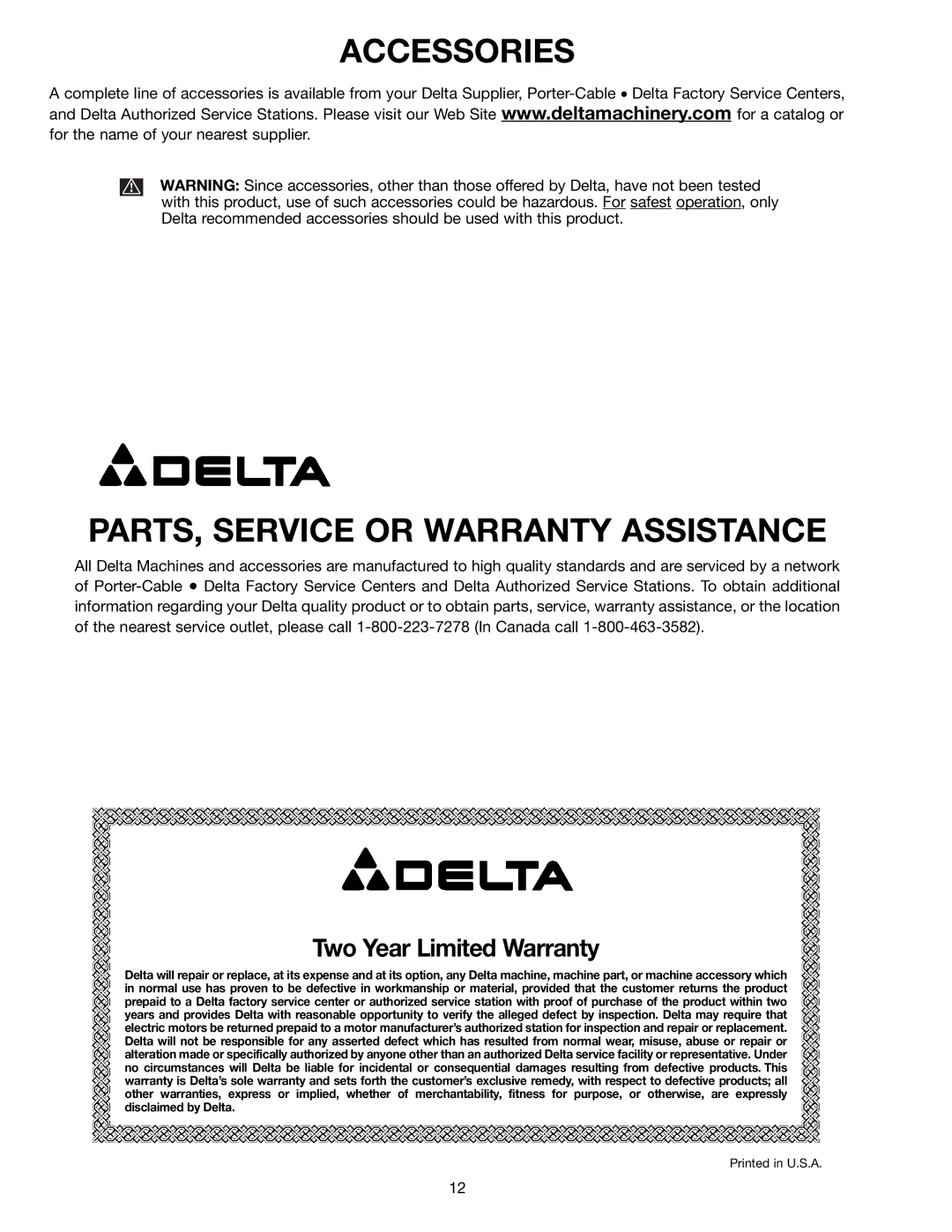 Delta 50-850 instruction manual Accessories PARTS, Service or Warranty Assistance, Two Year Limited Warranty 