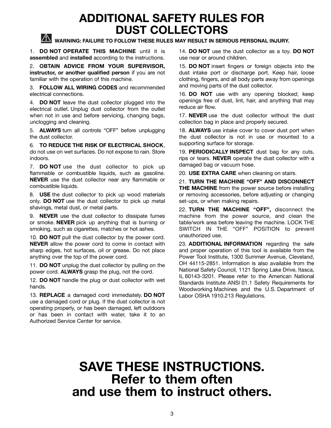 Delta 50-850 Refer to them often Use them to instruct others, Additional Safety Rules for Dust Collectors 