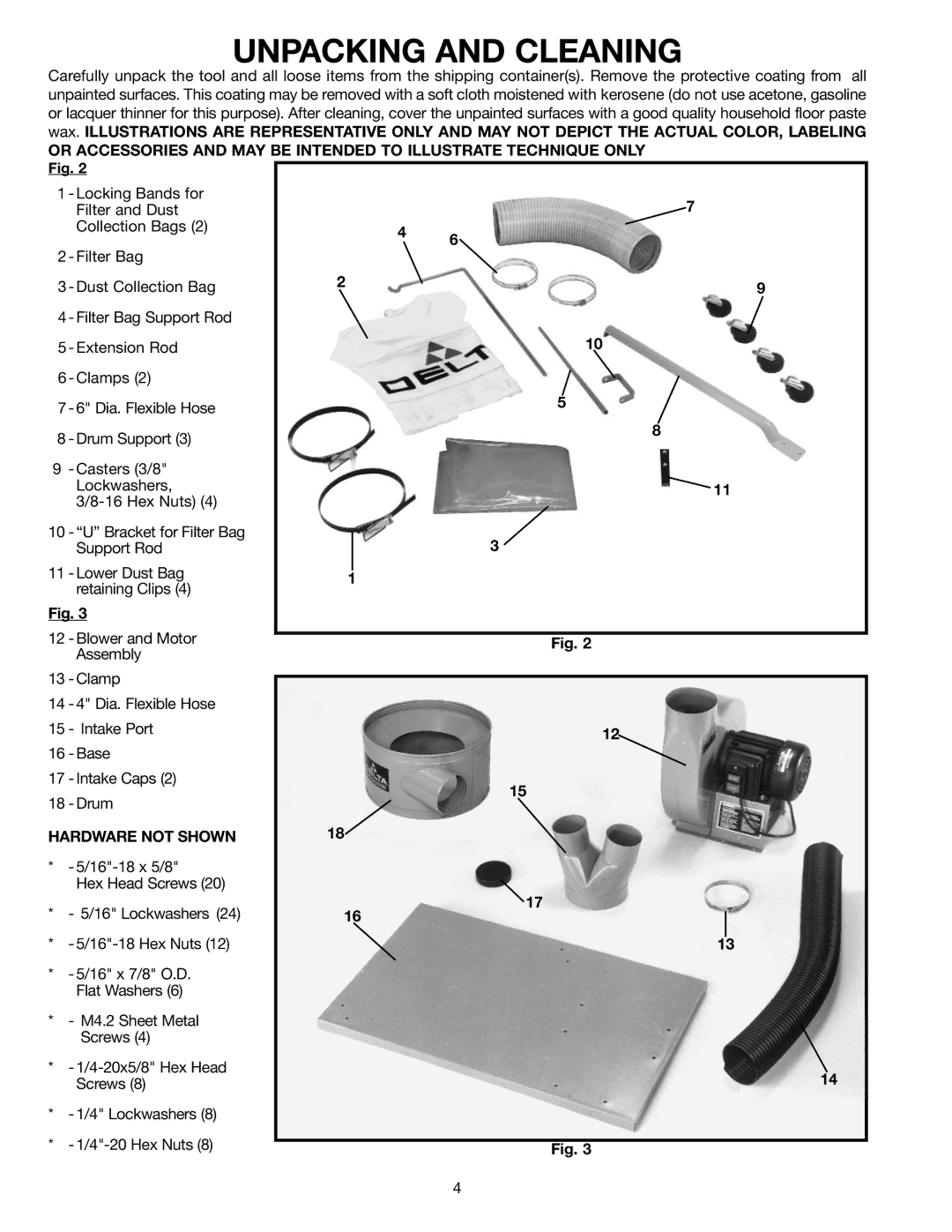 Delta 50-850 instruction manual Unpacking and Cleaning, Hardware not Shown 