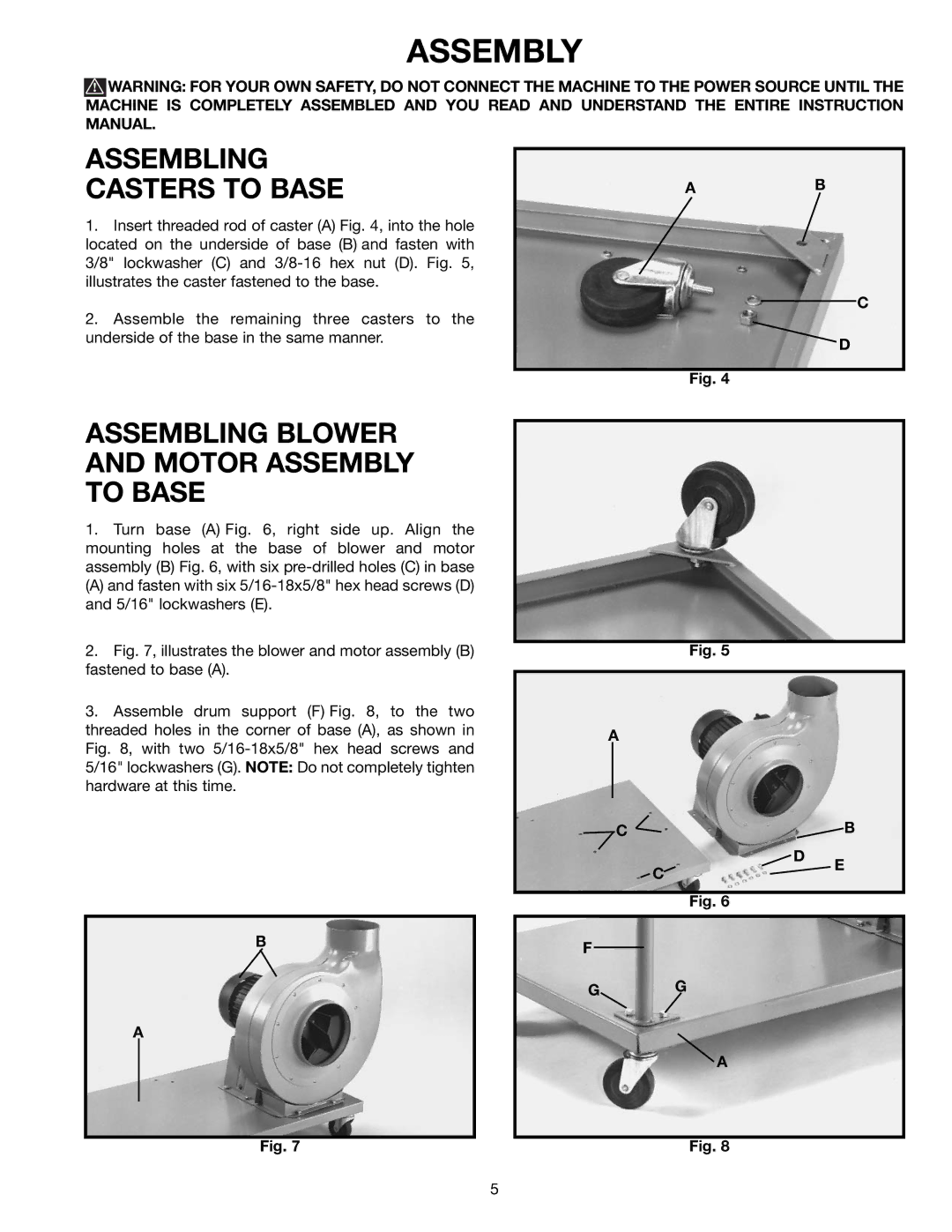 Delta 50-850 instruction manual Assembling Casters to Base, Assembling Blower and Motor Assembly to Base 