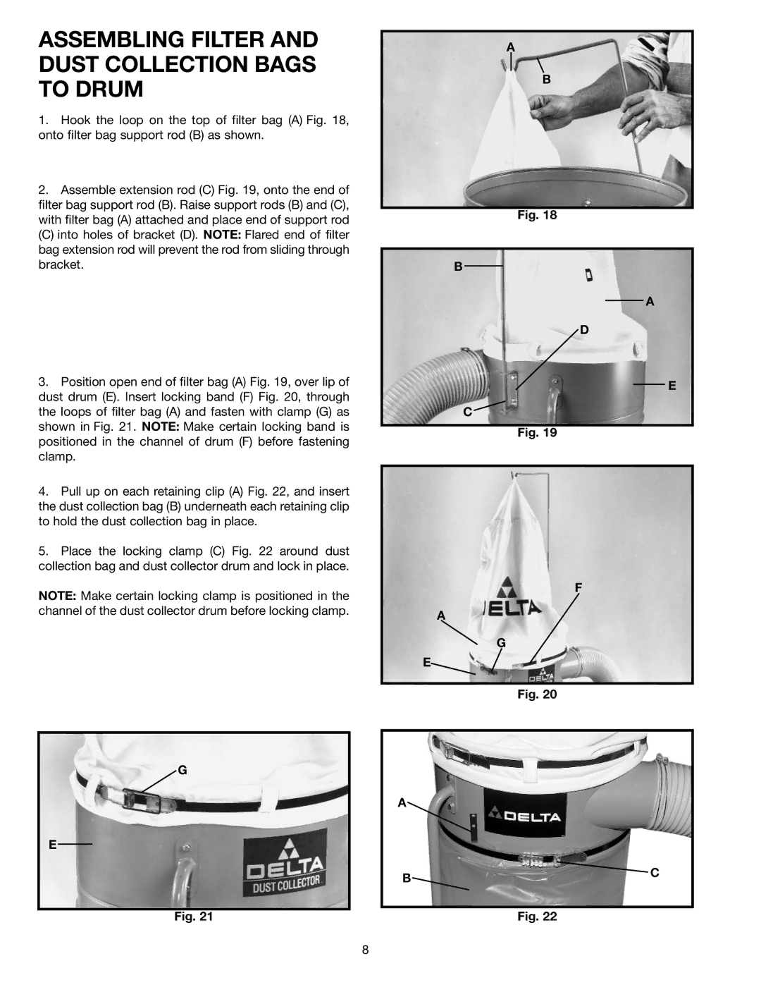 Delta 50-850 instruction manual Assembling Filter and Dust Collection Bags to Drum 