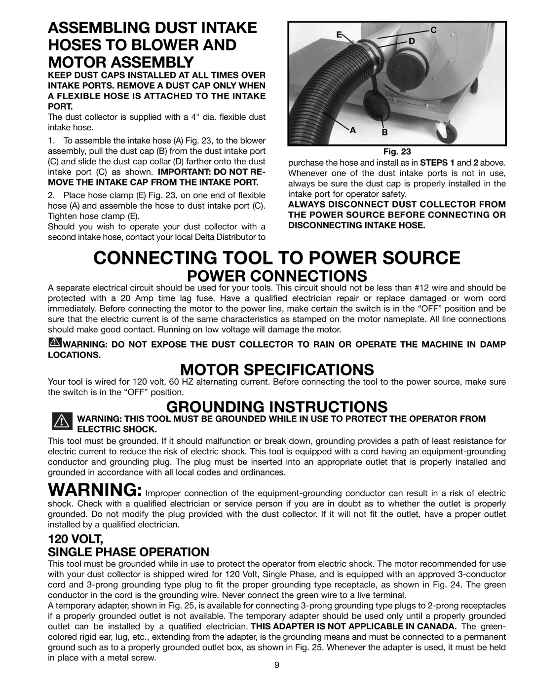 Delta 50-850 Connecting Tool to Power Source, Power Connections, Motor Specifications, Grounding Instructions 