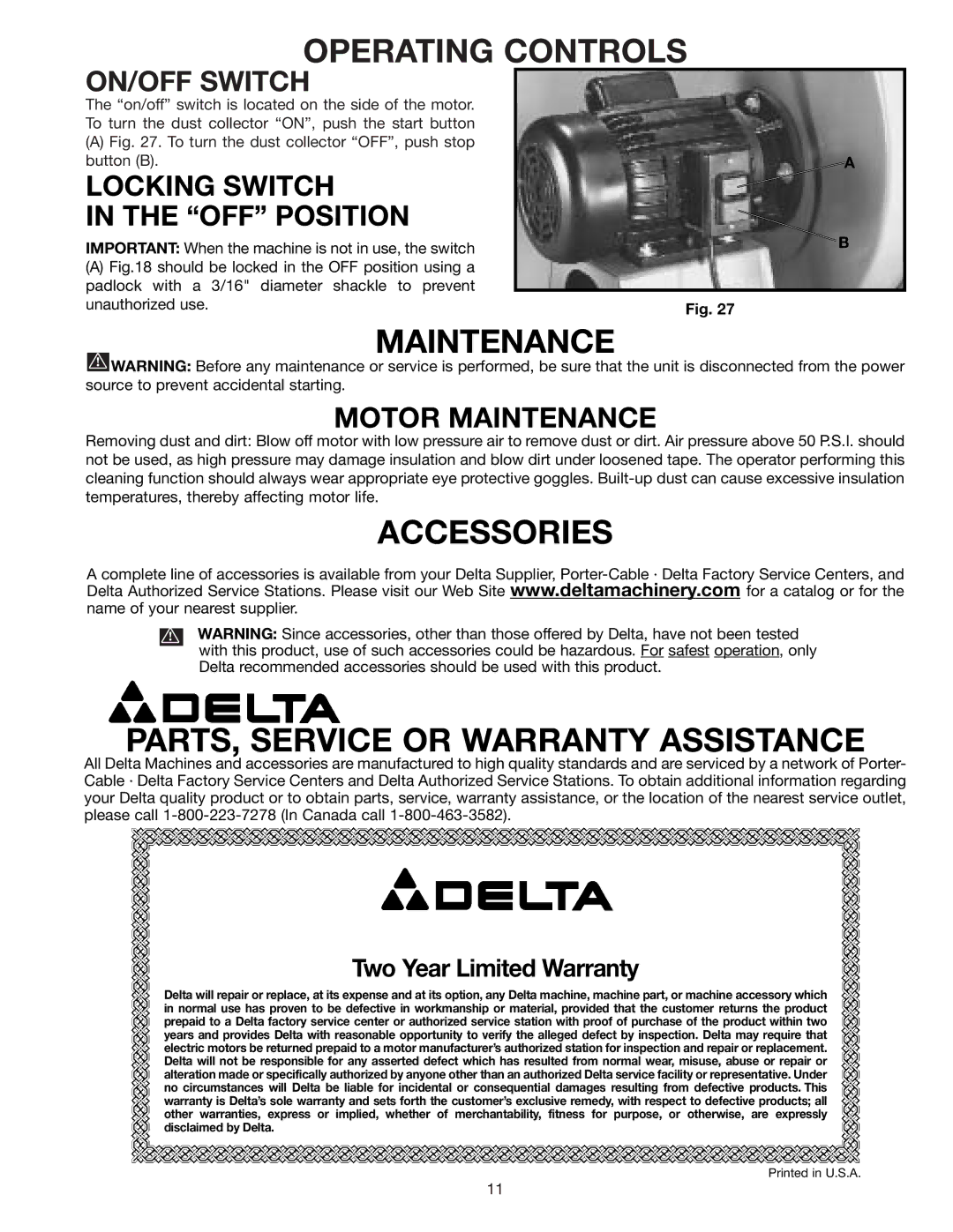 Delta 50-851 instruction manual Operating Controls, Maintenance, Accessories, PARTS, Service or Warranty Assistance 