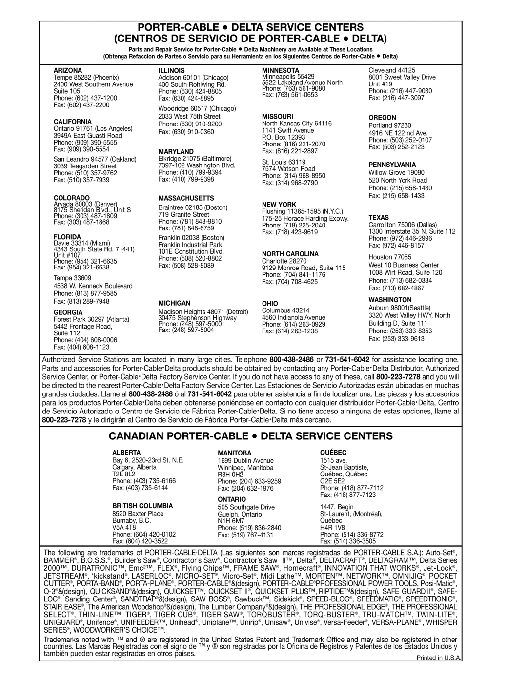 Delta 50-851 instruction manual Canadian PORTER-CABLE Delta Service Centers 