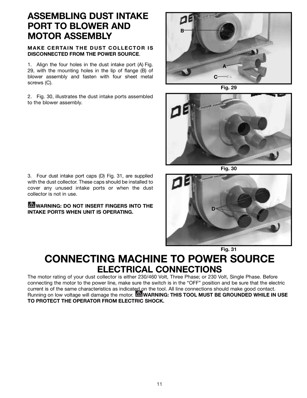 Delta 50-853, 50-852 instruction manual Assembling Dust Intake Port to Blower and Motor Assembly, Electrical Connections 