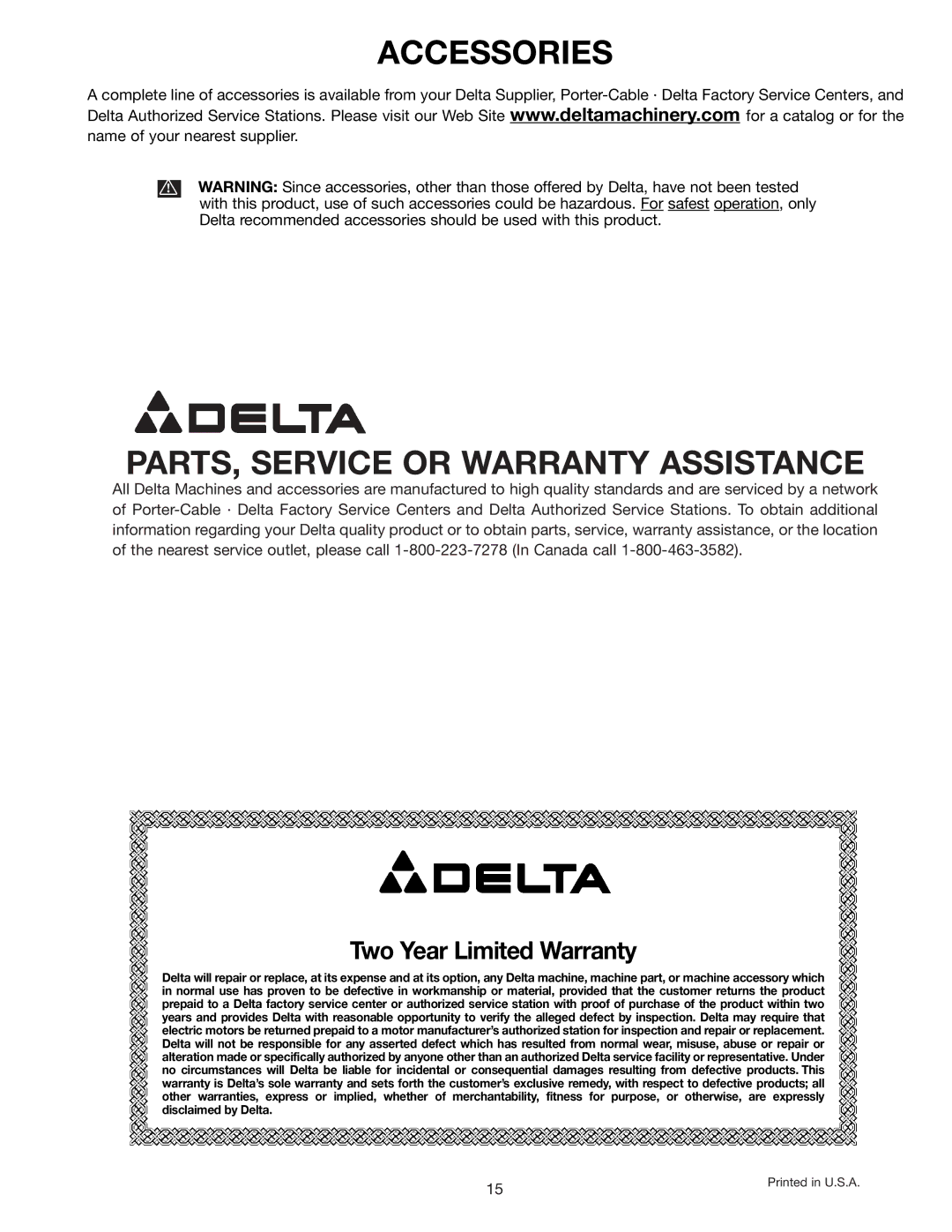 Delta 50-853, 50-852 instruction manual PARTS, Service or Warranty Assistance, Two Year Limited Warranty 