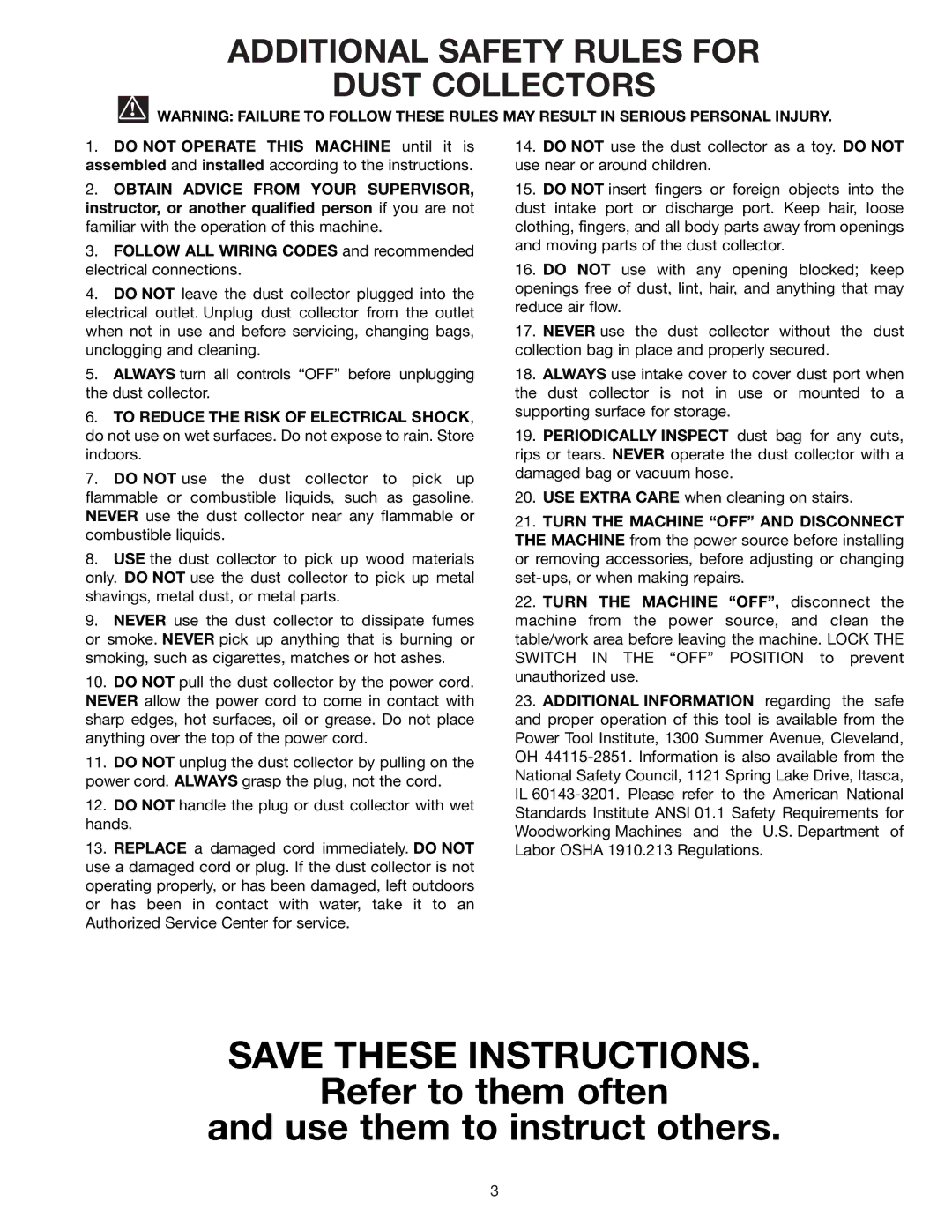 Delta 50-853, 50-852 Refer to them often Use them to instruct others, Additional Safety Rules for Dust Collectors 