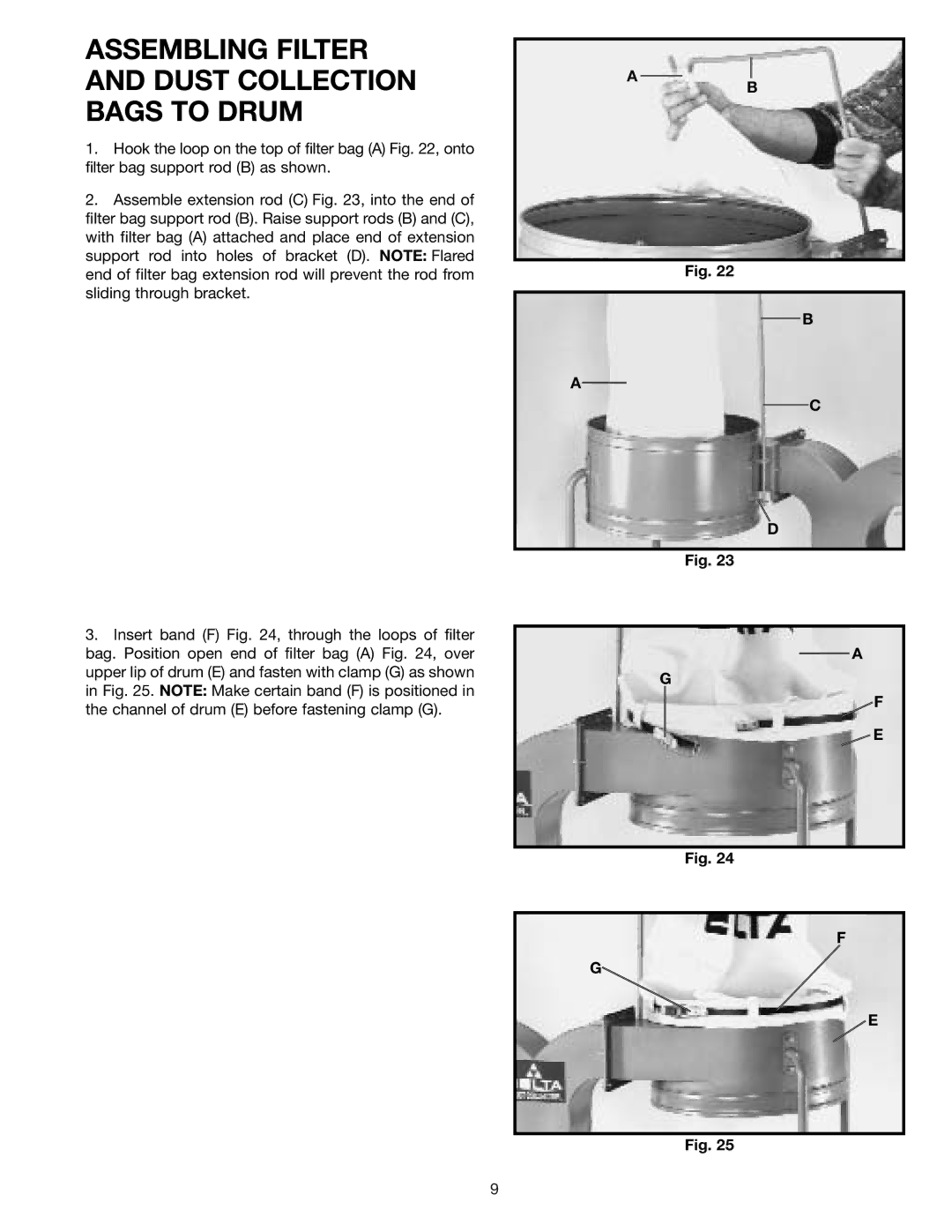 Delta 50-853, 50-852 instruction manual Assembling Filter and Dust Collection Bags to Drum 