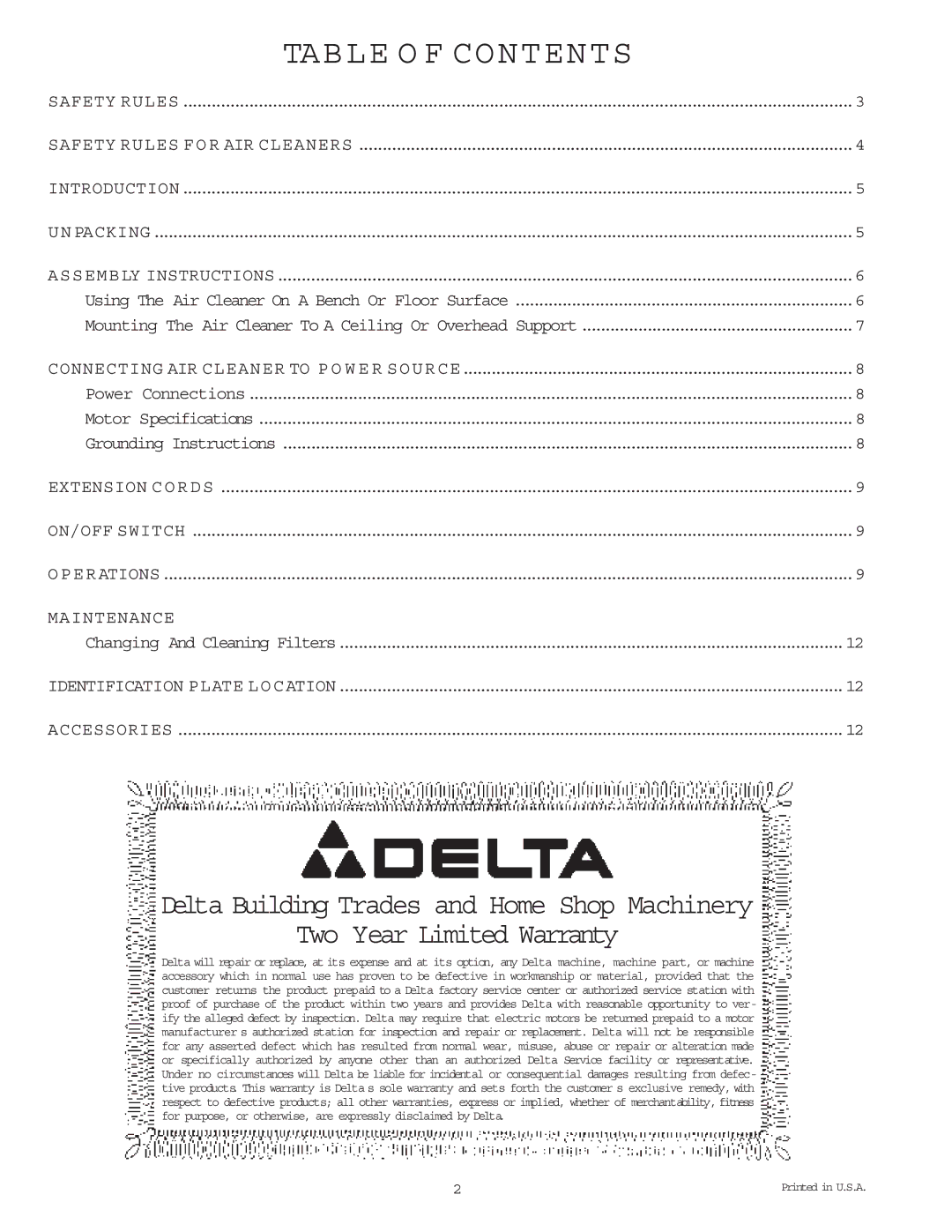 Delta 50-860 instruction manual Table O F Contents 