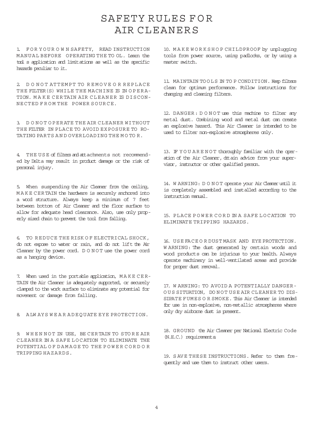 Delta 50-860 Safety Rules F O R AIR Cleaners, Nected F R O M the Power Source, ALW AYS W E a R Adequate EYE Protection 