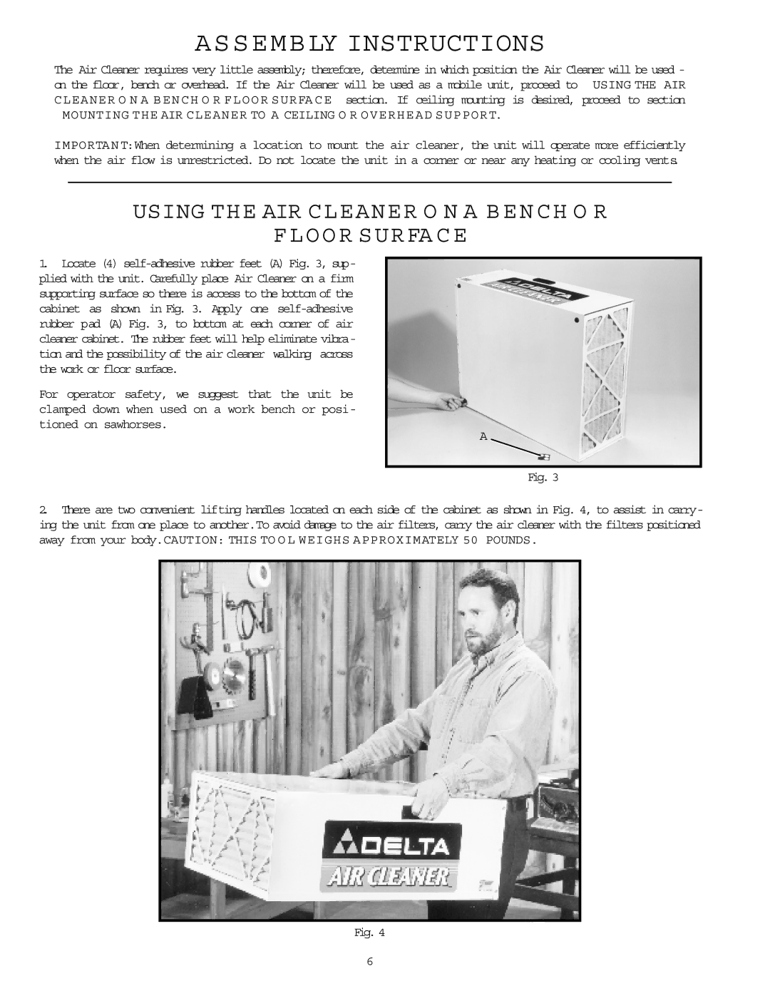 Delta 50-860 Assembly Instructions, Using the AIR Cleaner O N a B E N C H O R O O R Surfa C E, Tioned on sawhorses 