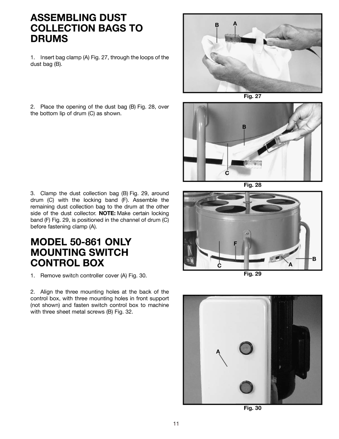 Delta 50-866 instruction manual Assembling Dust Collection Bags to Drums, Model 50-861 only Mounting Switch Control BOX 