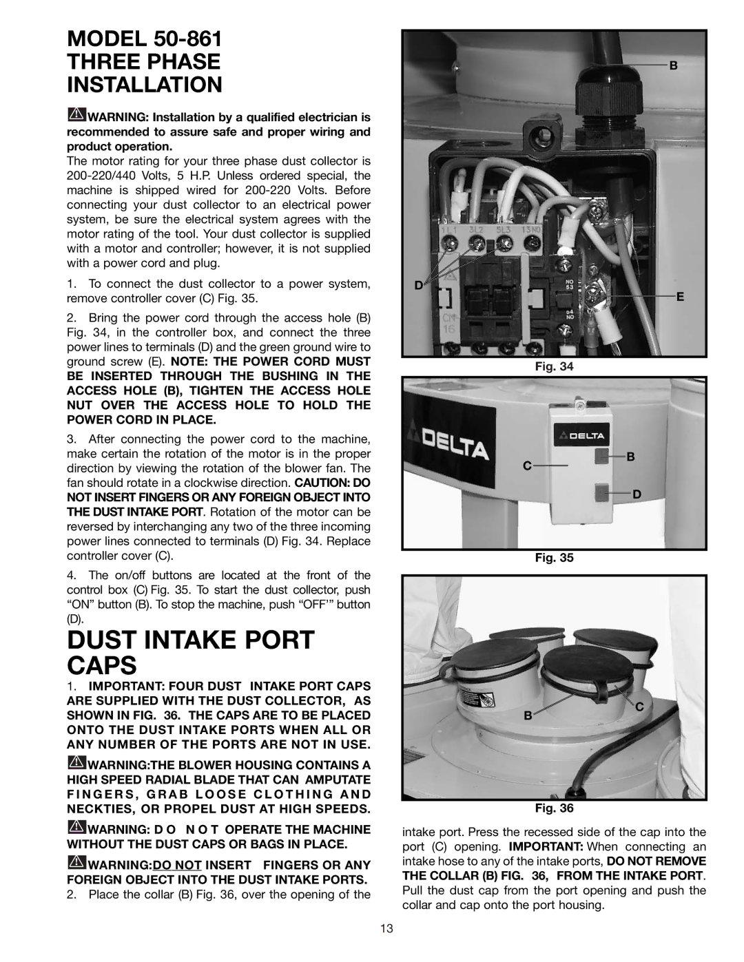 Delta 50-866, 50-861 instruction manual Dust Intake Port Caps, Three Phase Installation 