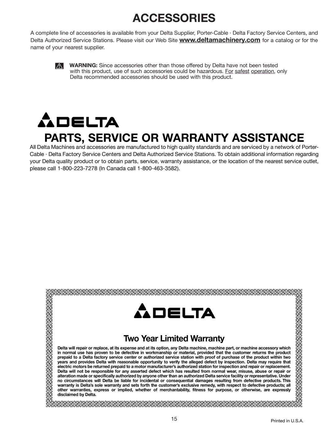 Delta 50-866, 50-861 instruction manual Accessories, PARTS, Service or Warranty Assistance 